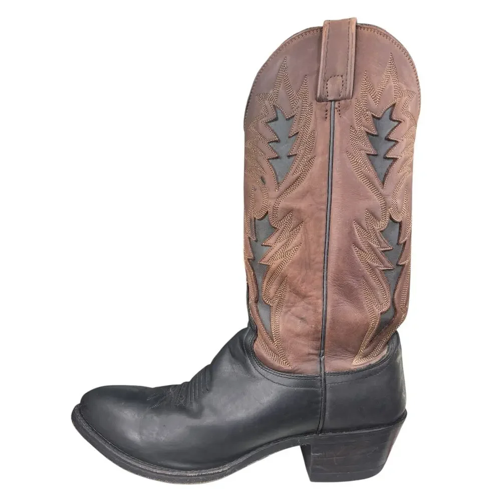Vintage Dan Post Men’s Black Brown Leather Western Cowboy Boot Size US 9 D